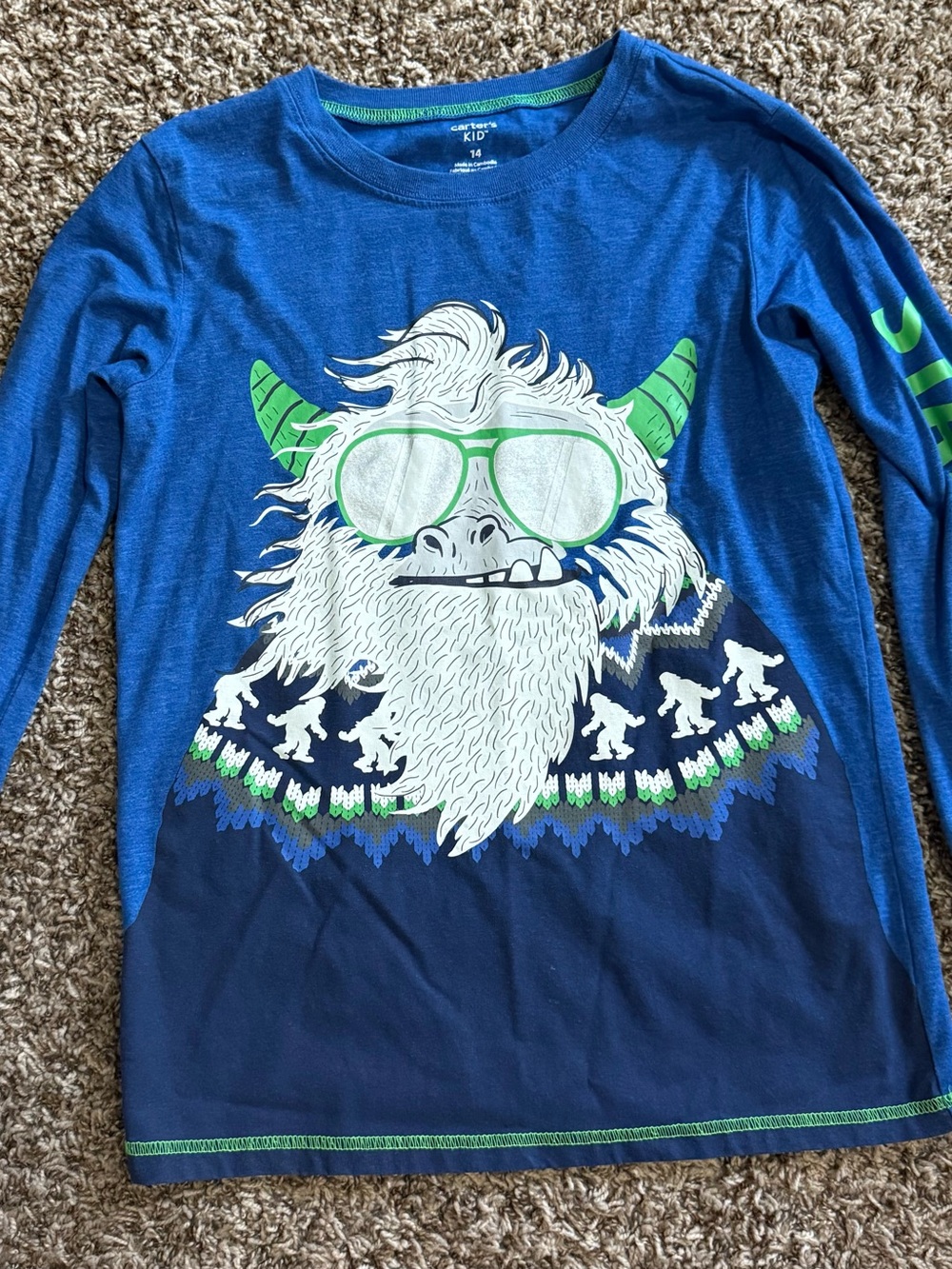 Carter's Blue Long-Sleeve Yeti Graphic Shirt with Green Accents